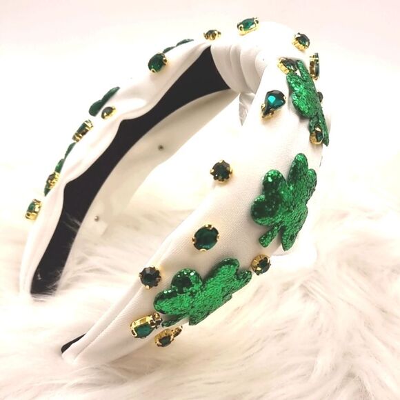 New GREEN CLOVER SEQUIN RHINESTONE HEADBAND top knot - Picture 3 of 5